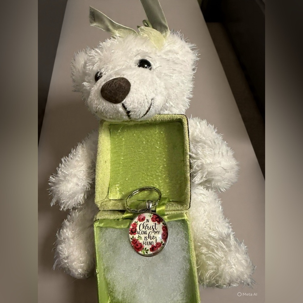 White Plush Bear Gift with Lime Green Jewelry Box and Inspirational Keychain